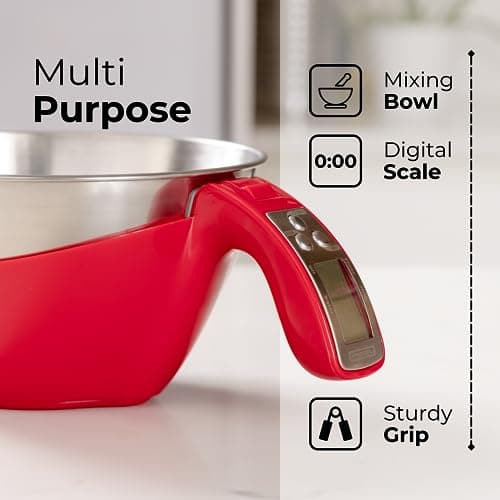 Fradel Digital Kitchen Food Scale with Bowl - 11lb, Grams & Ounces - Removable, Dishwasher-Safe Mixing Bowl - Red 5