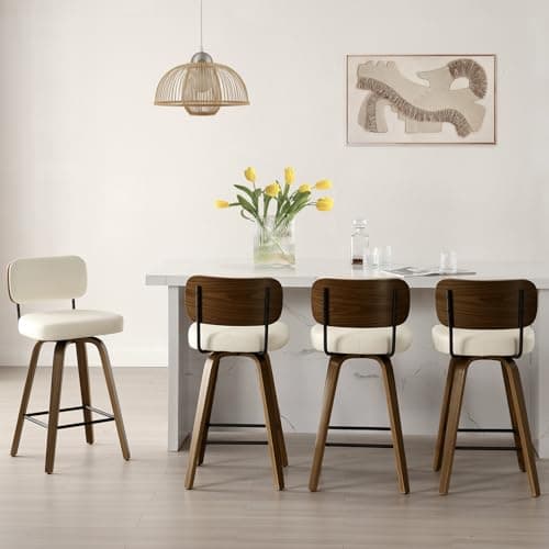 Bekrvio Swivel Counter Height Bar Stools Set of 4, 26" Upholstered Faux Leather Barstools with Back and Bent Wood Legs, Mid Century Modern Bar Chair Island Stool for Kitchen Counter, Cream White