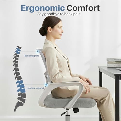 DUMOS Home Office Computer Chair - Ergonomic Mid Back Desk with Lumbar Support and Rocking Mode, Height Adjustable with Fixed Armrest, for Conference Meeting Room, 360° Swivel, Adults, Grey 5