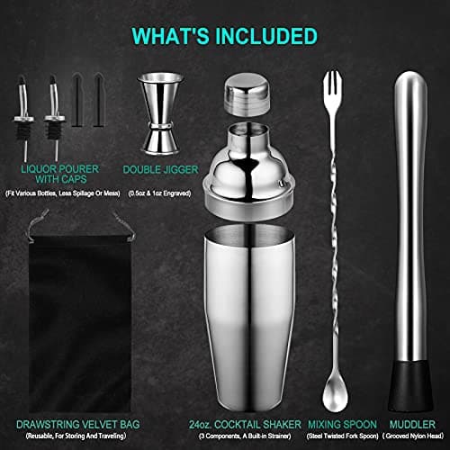 24 oz Cocktail Shaker Set Bartender Kit by Aozita, Stainless Steel Martini Shaker, Mixing Spoon, Muddler, Measuring Jigger, Liquor Pourers with Dust Caps and Manual of Recipes, Professional Bar Tools 2