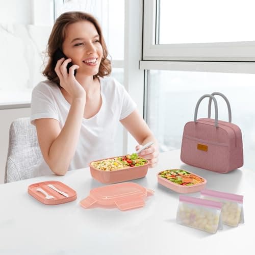 JBGOYON® Bento Lunch Box Set - 3 Stackable Containers for Adults and Kids，lunch box for women- Includes Lunch Bag, Leak-Proof and BPA-Free - Built-in Utensil Set - Dishwasher Safe (Pink) 6