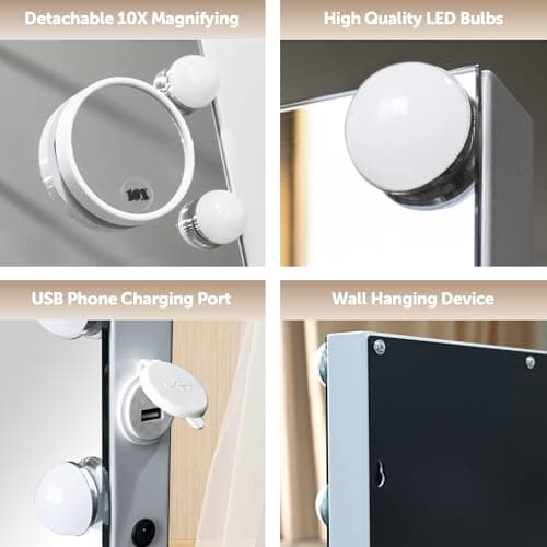 SLIMOON Hollywood Vanity Mirror with Lights, 15 Dimmable LED Bulbs 3 Color Lighted Makeup Mirror with Detachable 10X Magnification Mirror, Tabletop or Wall-Mounted, Touch Control 7