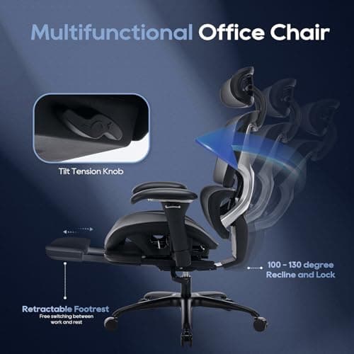 COLAMY Ergonomic Mesh Office Chair with Footrest, Executive High Back Computer Desk Chair with Wide Headrest and Adjustable 3D Arms, Backrest Height, Tilt Lock and Lumbar Support, Black 6