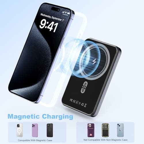 TONKEE Magnetic Power Bank 5000mAh, Magnetic Portable Charger with Type-C Cable, Slim MagSafe Battery Pack, Magnetic Battery Pack for iPhone 16/15/14/13/12 7