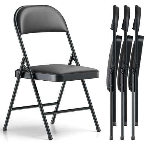 MAKE CHANGES Folding Chair 4 Pack, Comfy PU Leather Padded Folding Chairs for Outside and Indoor, Heavy Duty Portable Foldable Metal Commercial Seat for Home Office, Dorm, Party, Backyard, Lawn, Patio