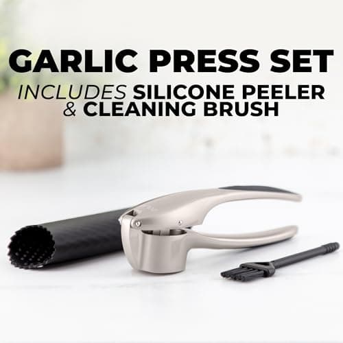 Zulay Kitchen Large Premium Garlic Press Set – Rust Proof & Dishwasher Safe, Bigger Bowl Garlic Mincer Tool with Silicone Garlic Peeler & Brush, Easy Squeeze & Clean, Ergonomic Handle - Silver 6