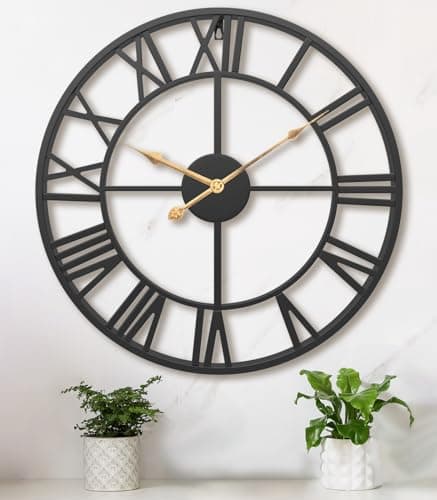 Pytha Sight 30 Inch Extra Large Giant Wall Clock,Oversized Round Silent Vintage Industrial Black Metal Farmhouse Big Roman Numeral Wall Clocks for Living Room,Kitchen,Bedroom Home Decor