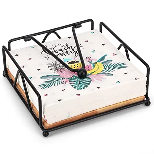 Napkin Holders for Tables - Metal Flat Napkin Holder for Paper Napkins Rustic Farmhouse Wooden Napkin Caddy for Dining Table Kitchen Decor Weighted Pivot Arm for Casual Beverage Napkins Indoor Outdoor