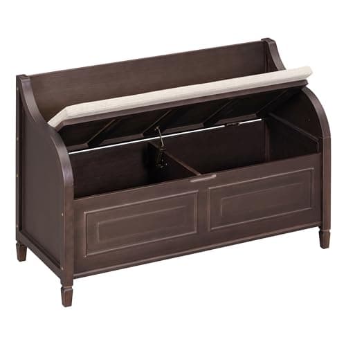 Bellemave Storage Bench with Safety Hinge Wooden Entryway Benches with Shoe Cabinets Under Seat Multifunctional Storage Bench for Entryway, Foyer or a Mudroom (Espresso + Beige) 10