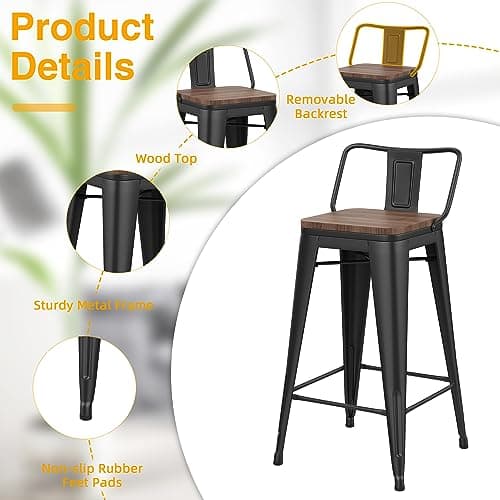 Yongchuang 24" Metal Barstools Set of 4 Counter Bar Stools with Wood Top Low Back Matte Black 5