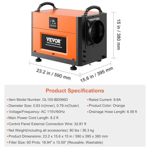 VEVOR 190 Pints Commercial Dehumidifier with Drain Hose for Crawl Spaces, Basements Warehouse & Job Sites, Large Capacity Dehumidifier for Water Damage Restoration, Auto Defrost, CSA Listed 7