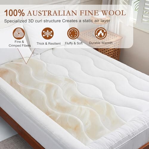 YOUR MOON 100% Organic Wool Mattress Topper Queen – 2 Inch Thick Pillow Top Mattress Pad, 700GSM Natural Wool Filling, Back Pain Relief Bed Topper with Cotton Cover-16'' Depth, 60"x80" (Striped White) 3