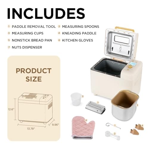 Neretva Bread Machine, 2.2LB 15-in-1 Bread Maker, Dual Heater Breadmaker Machine with Auto Nut Dispenser & Nonstick Ceramic Pan, Bread Maker Machine for Gluten Free, Dough Maker, Sourdough, Yogurt 6