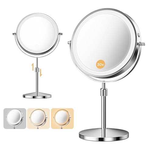 tubbede Makeup Mirror, 1X/30X Double Sided Magnifying Mirror/Switch with 3 Colors, 3200 mAh Rechargeable, 8" Lighted Makeup Mirror with Magnification, Adjustable Brightness, for Vanity or Bathroom