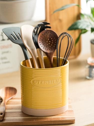 YHOSSEUN Kitchen Utensil Holder for Countertop, Ceramic Utensil Holder for Kitchen Counter, Cooking Utensil Crock for Spatula, Oval Shape, Yellow 8