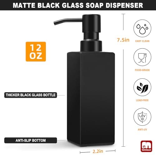 GMISUN Black Soap Dispenser Bathroom, Glass Hand Soap Dispenser with Stainless Steel Pump, 12 fl oz/350ml Refillable Dish Dispensers for Kitchen, Modern Liquid Lotion Bottles for Bathroom Countertop 2