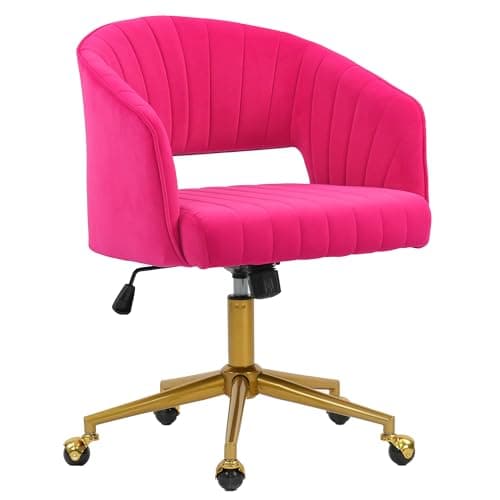 Home Office Chair Swivel Velvet Desk Chair Accent Armchair Upholstered Modern Tufted Chairs with Gold Base for Girls Women Ergonomic Study Seat Computer Task Stools for Living Room(Hot Pink)