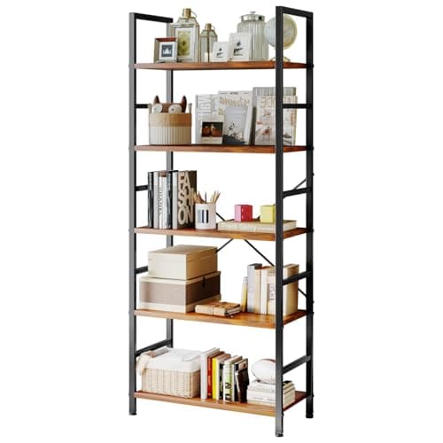 Sweetcrispy Book Shelf, 5 Tier Bookcase, Modern Tall Bookshelf Corner Storage Organizer for Garage Kit, CDs, Movies Suitable Home Office Bedroom, Kitchen, Living Room - Brown
