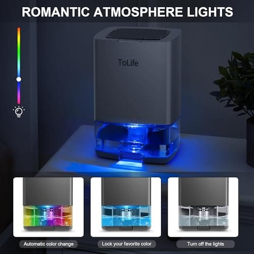 ToLife Dehumidifiers for Home 30 OZ Water Tank with Auto-Off, Portable Small Dehumidifier Room, Bathroom, Bedroom, RV, Closet 500 sq.ft, 7 Colors LED Light, Gray, Grey, TZ-C1 5