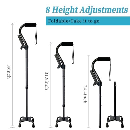 AOHHL Quad Walking Cane Foldable Adjustable Portable Stick Men & Women and Seniors - Lightweight & Sturdy with 4-Pronged Base for Extra Stability Balance,Self Standing Gifts for mom Dad(black1) 6