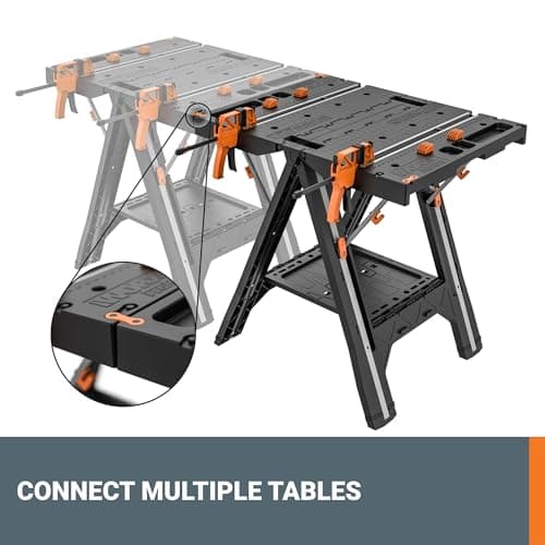 Worx Pegasus 2-in-1 Folding Work Table & Sawhorse, Easy Setup Portable Workbench, 31" W x 25" D x 32" H Lightweight Worktable with Heavy-Duty Load Capacity, WX051 - Includes 2 Clamps & 4 Clamp Dogs 9