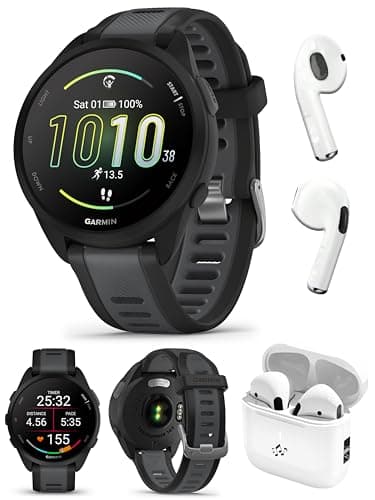 Garmin Forerunner 165 (Black/Slate Gray) Running GPS Smartwatch Bundle - AMOLED Touchscreen, 11-Day Battery, Training & Recovery with PlayBetter Wireless Running Earbuds
