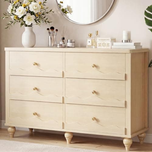 Cyclysio 6 Drawer Dresser for Bedroom, 43" Modern Chest of Drawers for Bedroom, Dresser Organizer with 6 Storage Drawers, Drawer Organizer Storage with Scalloped Front for Living Room, Natural Oak