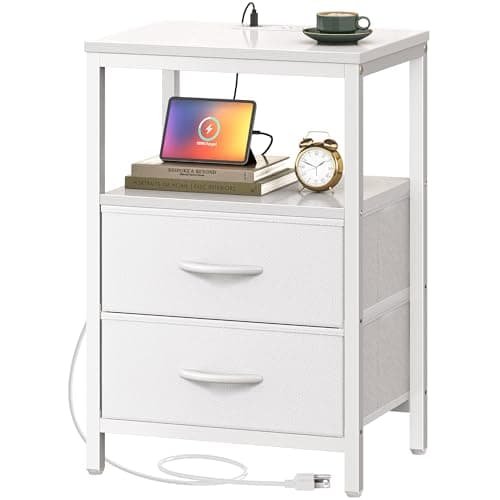 Huuger Nightstand with Charging Station, Side Table with 2 Fabric Drawers, End Table with Open Shelf, Bedside Table with USB-C Port and Outlets, Night Stand, PU Leather, White