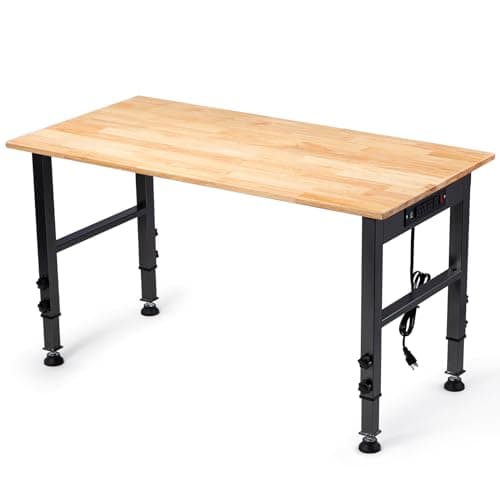 48" Height Adjustable Workbench, 2000 LBS Load Capacity Rubber Wood Top Workstation with Power Outlet and Foot Pads, Heavy-Duty Hardwood Worktable for Garage Workshop (with Foot Pads and Socket,48'')