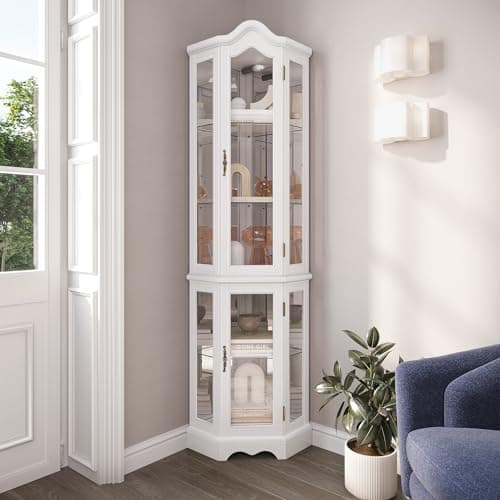 BELLEZE Lighted 3-Side Glass Display Curio Cabinet w/ Tempered Glass Doors and Shelves, Curved Wood Corner Cabinet with Bulb, Corner Storage Rack (White)