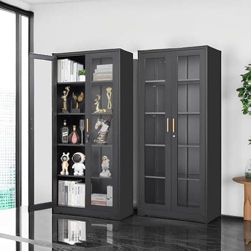Polup Glass Display Cabinet with Lock, Metal Curio Cabinet with Tempered Glass Doors & Adjustable Shelves, Heavy-Duty China Cabinets for Living Room, School, Commercial, Black, Assembly Required 5
