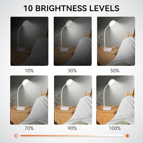 White Small Battery Powered Desk Lamp,Battery operated lamp,5W Rechargeable desk light,3 Colors,Adjustable brightness,360°Gooseneck Hose,Cordless lamps for small spaces,Eye-friendly and Energy Saving 6