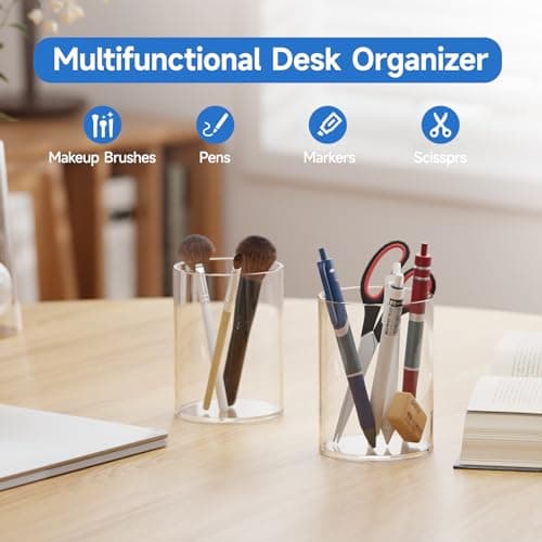 DreamShore Acrylic Pen Holder, 2 Pack Desktop Pencil Cup Stationery Organizer for Office Desk Accessory, Round Makeup Brush Srotage for Home, Cutlery Storage Organizer (Clear, 2 Pack) 3