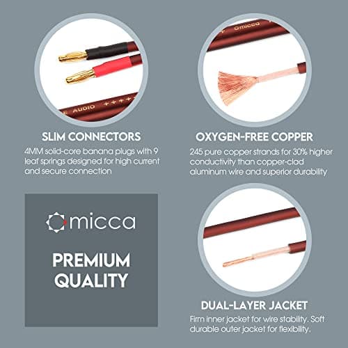 Micca 14 Gauge Pure Copper Speaker Cables, 6.6 Feet Each (2 Meters), 2 Pack Pair, Gold Plated Banana Plugs Connectors, Soldered Construction, Slim Design, 245 Strands, for Stereo or Home Theater 3