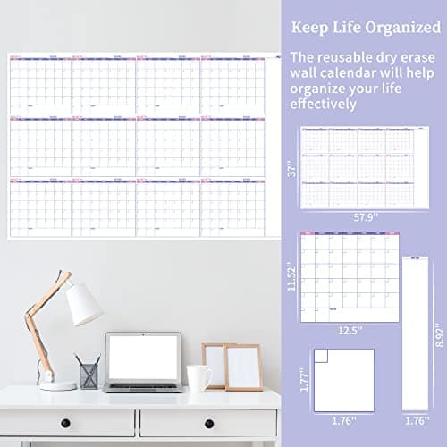 Large Dry Erase Calendar for Wall – Undated Yearly Wall Calendar Dry Erase, 37" x 58", 12-Month Erasable & Reusable Laminated Wall Calendar, Dry Erase Wall Calendar for Home, Office and School 8