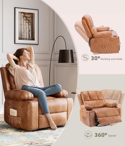 GarveeHome Recliner Chair, 360° Swivel Rocker Recliners with Heat & Massage, Soft Lazy Boy Recliner Chair with 2 Cup Holders and Side Pocket for Living Room Bedrooms and Nurseries -Retro Brown 5