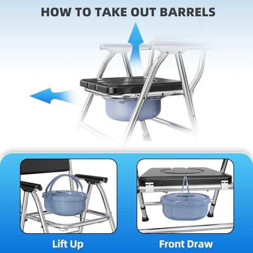 4 in 1 Folding Bedside Commode Chair for Elderly with Arms and Back,Adjustable Height Raised Toilet Seat with Handles,Adults Potty Chair for Seniors,Disabled Holds Up to 350 lbs 5