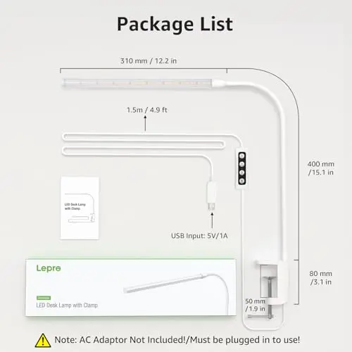 Lepro Small Desk Lamp with Clamp, LED Reading Lamps with 450LM, 3 Color Modes 10 Brightness, Dimmable USB Clip on Desk Light with Gooseneck Swing Arm for Nail, Home Office and Dorm (White) 6