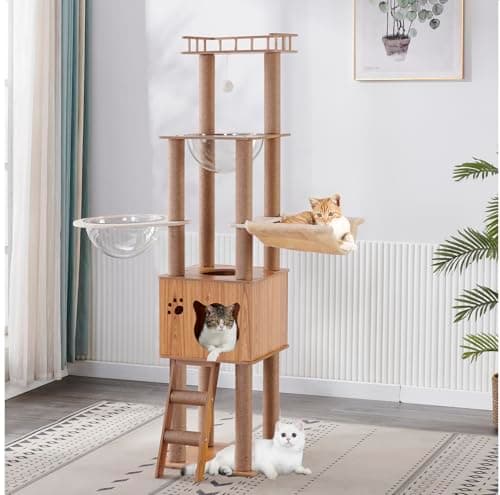 61'' Wooden cat Tree with cat Condo, Cat Stairs Scratching Posts, 2 Bowl,Sisal Scratching Posts,Cozy Cat Hammock and Top Perch. Cat Tree for Large Cats.