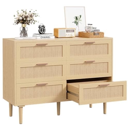 INTERGREAT Sideboard Buffet Storage with 6 Drawers，Rattan Storage Chest for Bedroom, Boho Buffet Cabinet with Golden Handle and Wood Legs for Bedroom, Hallway, Natural