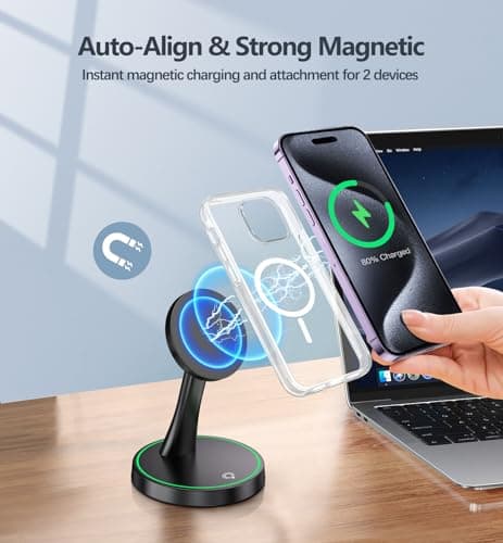 Magnetic Wireless Charger Stand 15W Fast Mag-Safe Charger for iPhone 17/17 pro/ 17 Air/ 17 pro max 16/15/14/13/12 Series Magnet Wireless Charging Station/Pad with Sleep-Friendly Light for AirPods 6