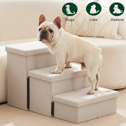 Love's cabin Dog Stairs for High Bed 18" H, Foldable Pet Stairs for Small Medium or Large Dogs Puppy with Storage for Bed or Couch, Cat Dog Steps Ramp with Zip up to 200 lbs, Beige, 3 Steps 7