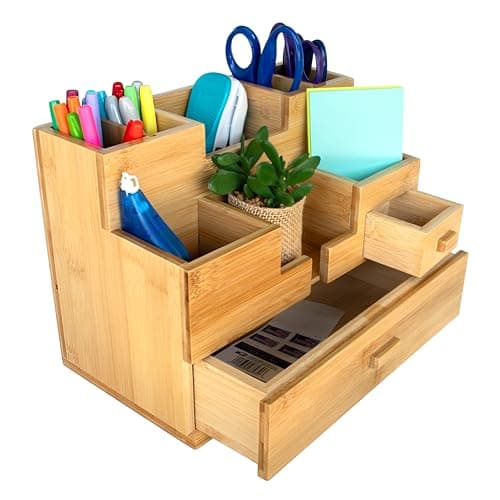 Six Wild Willows Bamboo Desk Organizer with Drawers - Wooden Desktop Storage - Table Top Organizer for Office Supplies, Make-up Organizer