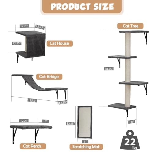 COZIVVOVV 5 Pcs Wooden Indoor Cat Climber - Wall-Mounted Shelves, Perches, Scratching Board, Cat Ladder & Cat Tree - Grey 6