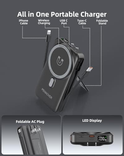 for Magsafe Magnetic Portable Charger, 10000mAh Wireless Power Bank with Built-in Cable & AC Wall Plug, Battery Pack PD 22.5W with Stand, LED Display for iPhone 17/16/15/14/13 Series, Samsung, Pixel 2