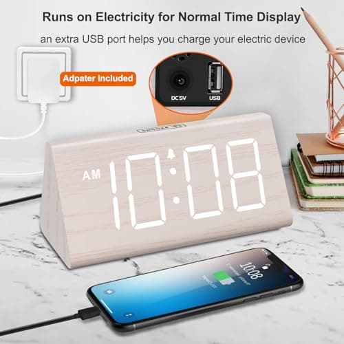 DreamSky Wooden Digital Alarm Clock for Bedroom - Living Room Desk Clock with Large Numbers, Bedside Nightstand Clock with USB Port, Adjustable Volume, Dimmer, DST, Office Wood Décor, Adapter Powered 5