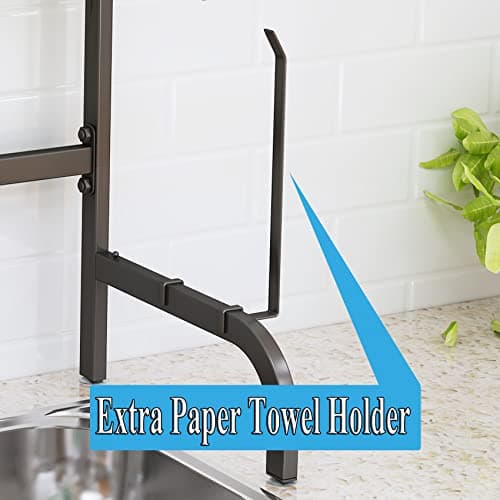 SAYZH Over The Sink Dish Drying Rack, Adjustable (25.5 to 33.5 inch) 2 Tier Metal Steel Dish Drying Racks for Kitchen Counter with Hooks Paper Towel Utensil Cup Holder Sink Caddy (Black) 5