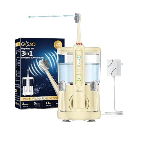 OILSAO Electric Toothbrush with Water Flosser Combo in One, Professional Flossing Toothbrush for Teeth Cleaning and Flossing, Plaque Removal, Rechargeable,5 Brush Modes & 3 Flossing Speeds,500ML,Beige