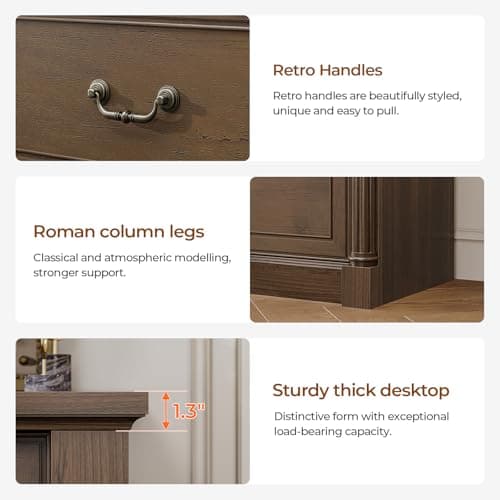 Sikaic 3 Drawer File Cabinet, Farmhouse Filing Cabinet for Letter/Legal Size, Wooden Extended Desktop, Wood Lateral File Cabinets with Printer Stand for Home Office, Framed Drawer Fronts, Retro Brown 7