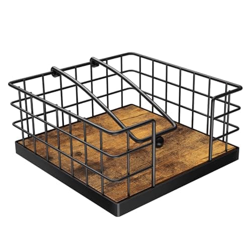 Homode Napkin Holder for Table, Farmhouse Napkin Holders for Paper Napkins, Flat Napkin Basket with Weighted Arm, Wood Kitchen Napkin Dispenser, Rustic Brown and Black